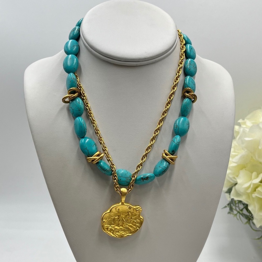 Susan Shaw Gold Tone Faux Turquoise Stone Equestrian Medallion Necklace 17-20"